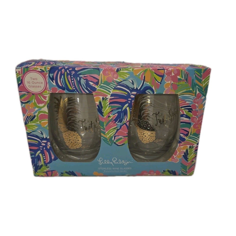 Lilly Pulitzer 16 Oz Set Of 2 Stemless Wine Glasses "Exotic Garden" NEW In Box